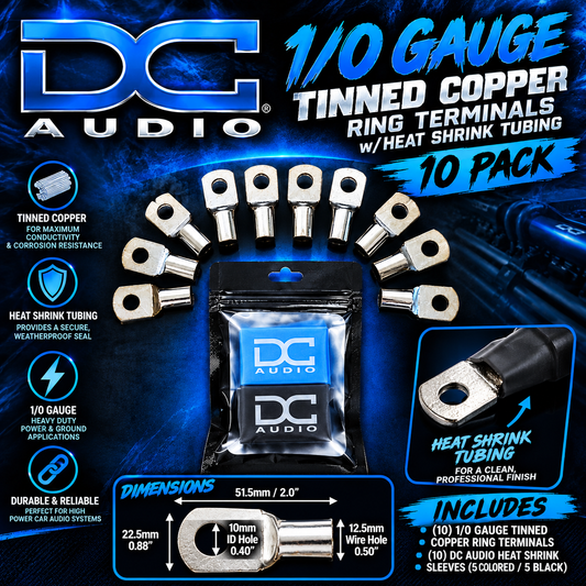 DC Audio 1/0 Gauge Tinned Copper Ring Terminals w/ Heat Shrink Tubing - 10 Pack
