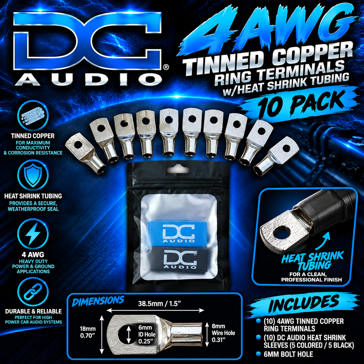DC Audio 4AWG-6mm Holes Tinned Copper Ring Terminals w/ Heat Shrink Tubing - 10 Pack
