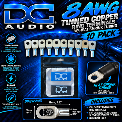 DC Audio 8AWG-6mm Holes Tinned Copper Ring Terminals w/ Heat Shrink Tubing - 10 Pack