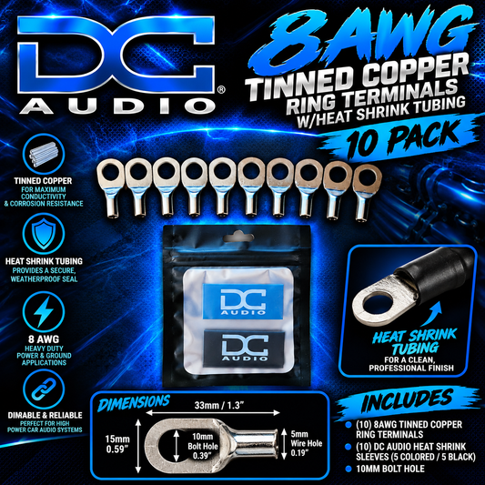DC Audio 8AWG-10mm Holes Tinned Copper Ring Terminals w/ Heat Shrink Tubing - 10 Pack
